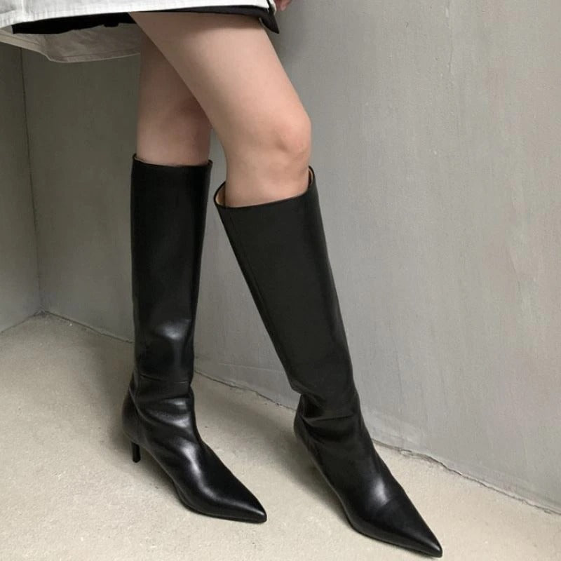 Pointed toe flat knee high boots best sale