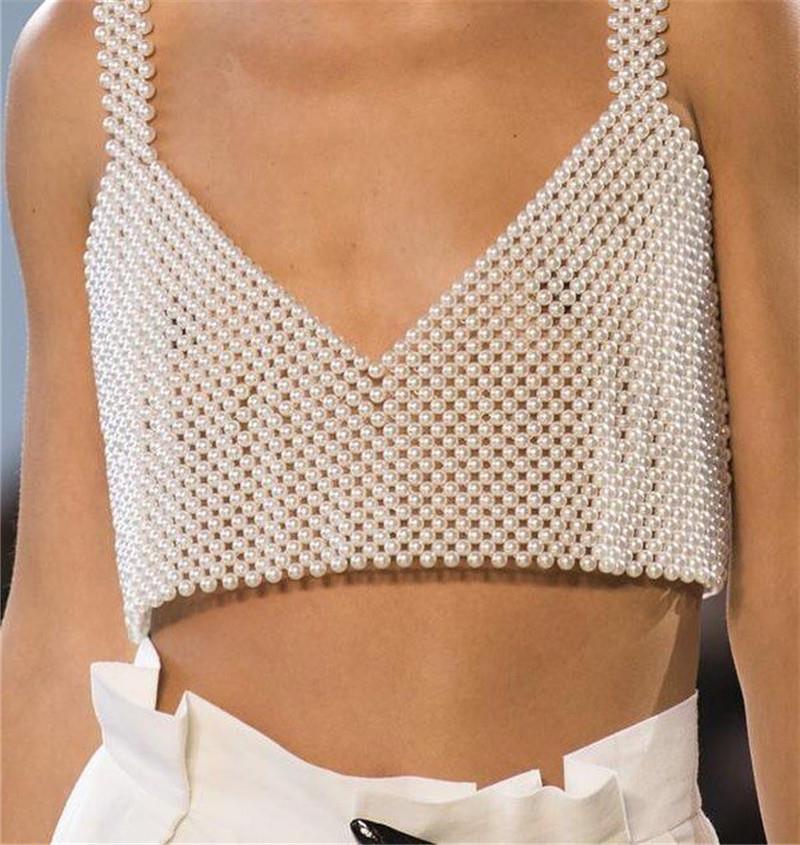 Bevza Pearl Beaded Crop Top in White